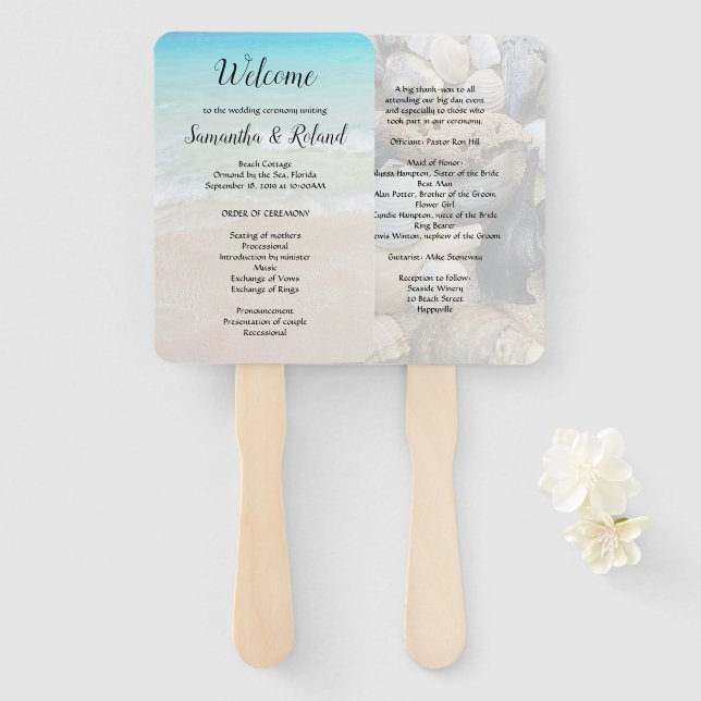 Beach and Seashells Wedding Fan Program (Front and Back)