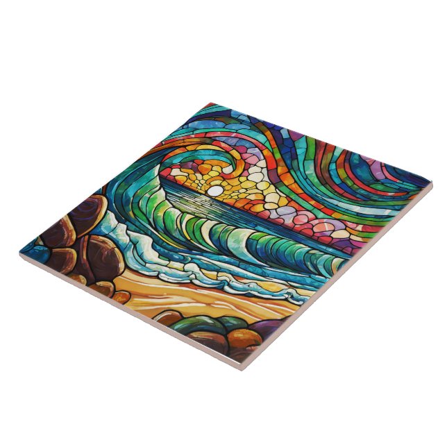 Beach and waves Stained glass art Tile (Side)
