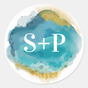 Beach aqua and gold Initial wedding stickers