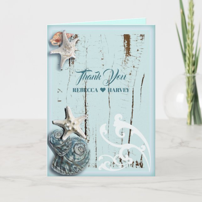 beach aqua blue seashell wedding thank you card (Front)