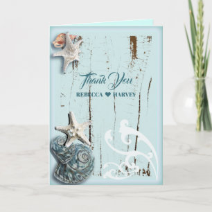 beach aqua blue seashell wedding thank you card