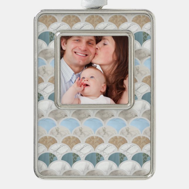 beach aqua blue white marble pastel mermaid scales silver plated framed ornament (Front)