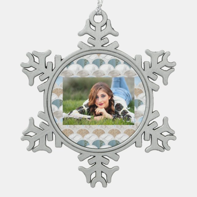 beach aqua blue white marble pastel mermaid scales snowflake pewter christmas ornament (Front)