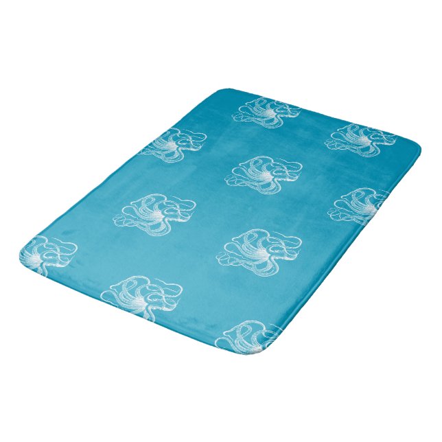 Beach Aqua Blue White Ocean Octopus Bath Mat (Angled)