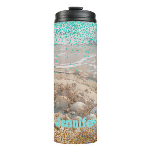 Beach Aqua Gold Glitter Thermal Tumbler