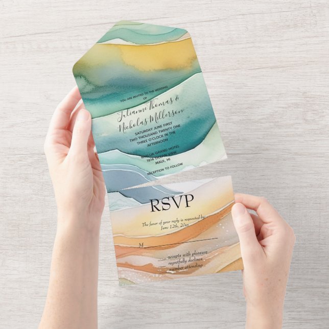 Beach Aqua Green Ocean Cream Sand Wedding All In One Invitation (Tearaway)