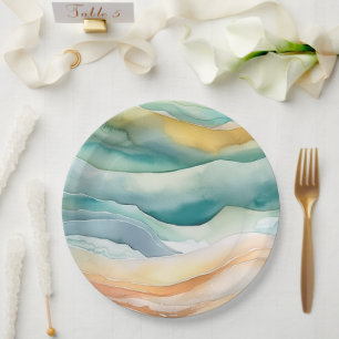 Beach Aqua Green Ocean Cream Sand Wedding Paper Plate