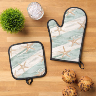 Beach Aqua Mint Starfish Stripes   Oven Mitt & Pot Holder Set