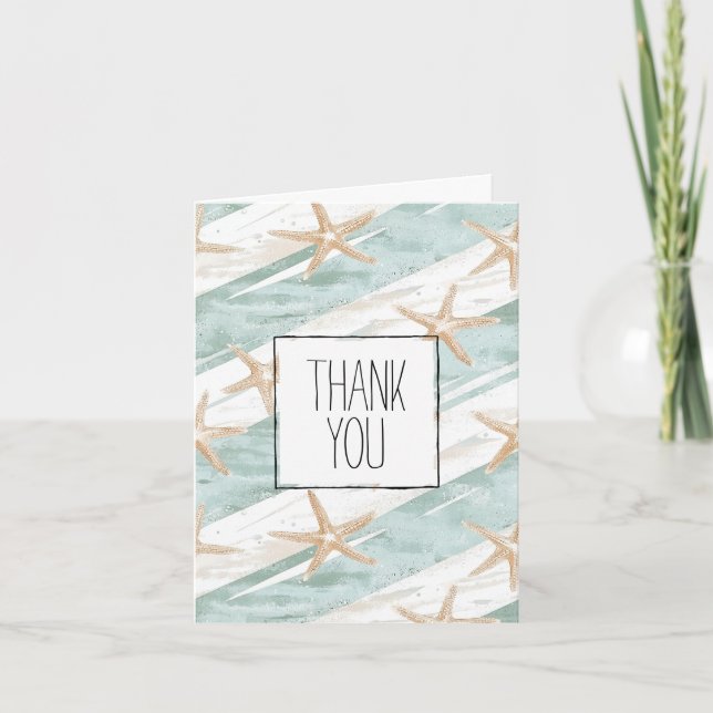 Beach Aqua Mint Starfish Stripes Thank You Card (Front)