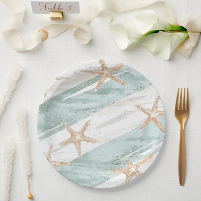 Beach Aqua Mint Starfish Stripes Wedding Paper Plate (Wedding)
