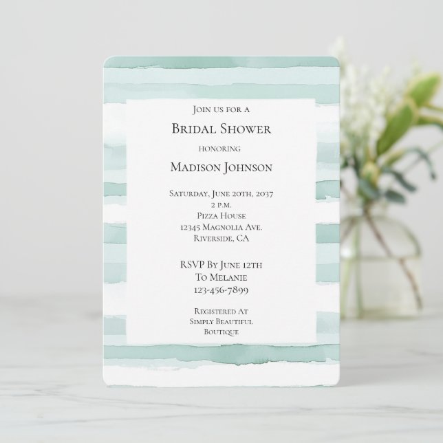Beach Aqua Mint Stripes Bridal Shower Invitation (Standing Front)