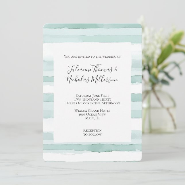 Beach Aqua Mint Stripes Wedding Invitation (Standing Front)