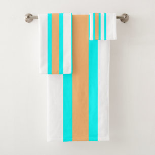 Beach Aqua Peach Orange White Striped Bath Towel Set