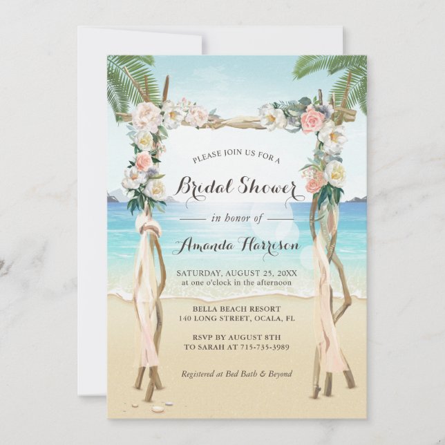 Beach Arbor Arch Floral Tropical Bridal Shower Invitation (Front)