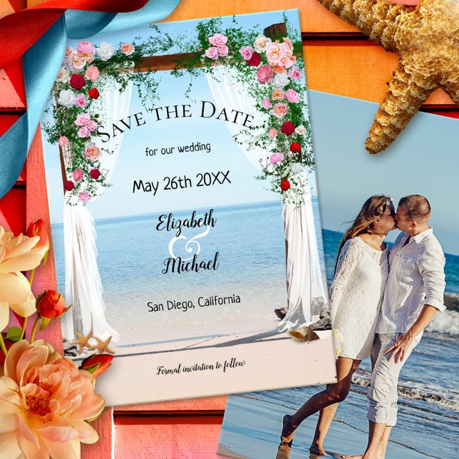 Beach Arbor Photo Wedding Save the Date Card (Save the Date card with a rose arbor at the beach and your custom photo)