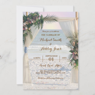 Beach Arbor Rose Tropical Leaves Sunset Wedding Invitation