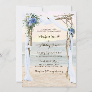 Beach Arbor Sunset Blue Orchid Wedding Invitation