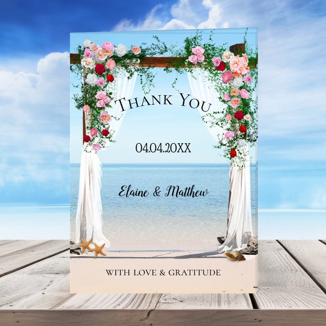 Beach Arbor Wedding Photo Thank You Note Card (Wedding Thank You note card featuring a floral arbor with roses on the beach and your custom photo)