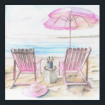 Beach Art - Watercolor Art Prints in Blue and Pink<br><div class="desc">Bring coastal calm into your space with this pink and blue watercolor beach art. By the Shoreline – Version 2 is a tranquil piece of wall art decor that captures the beauty of the beach in soft, soothing tones. This watercolor by the shoreline features two beach chairs under a pink...</div>