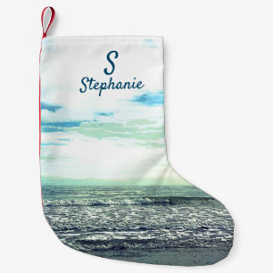 Beach Artistic Ocean Sea Blue Monogram Initial Small Christmas Stocking