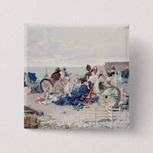 Beach at Yport, 1878 (oil on canvas) 15 Cm Square Badge