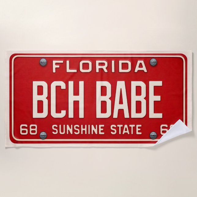 Beach Babe 1969 | Red Retro Florida License Plate Beach Towel (Front)