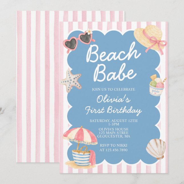 Beach Babe Coastal Beach 1st birthday Invitation (Front/Back)