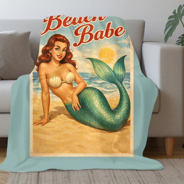 Beach Babe Pin-Up Mermaid Art | Retro Coastal Teal Fleece Blanket (Creator Uploaded)