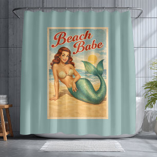 Beach Babe Pin-Up Mermaid Blue Retro Coastal Decor Shower Curtain