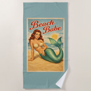 Beach Babe Pin-Up Mermaid -Retro Coastal Life Teal Beach Towel