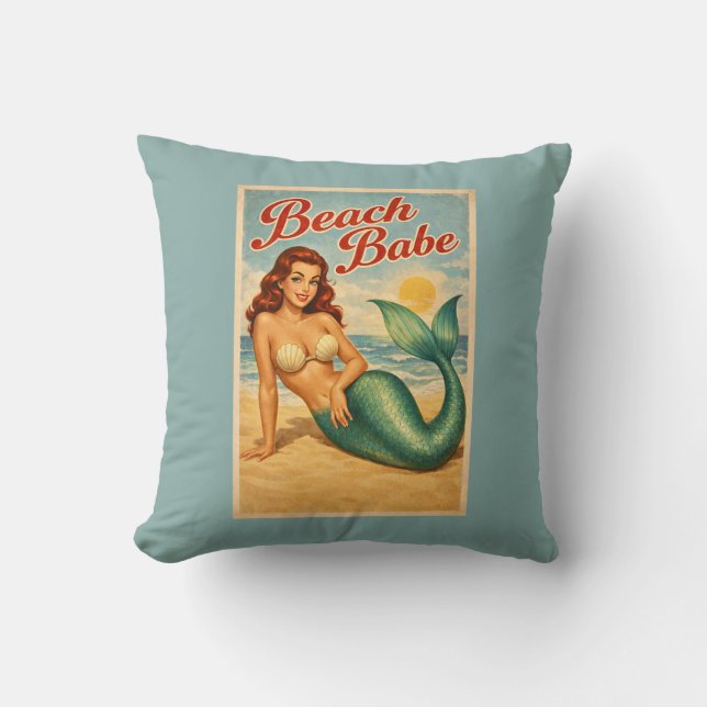 Beach Babe Pin-Up Mermaid -Retro Coastal Life Teal Cushion (Front)