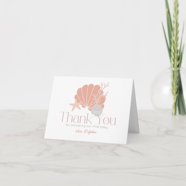 Beach Babe Seashell Pink Girl Baby Shower Thank You Card (Front)