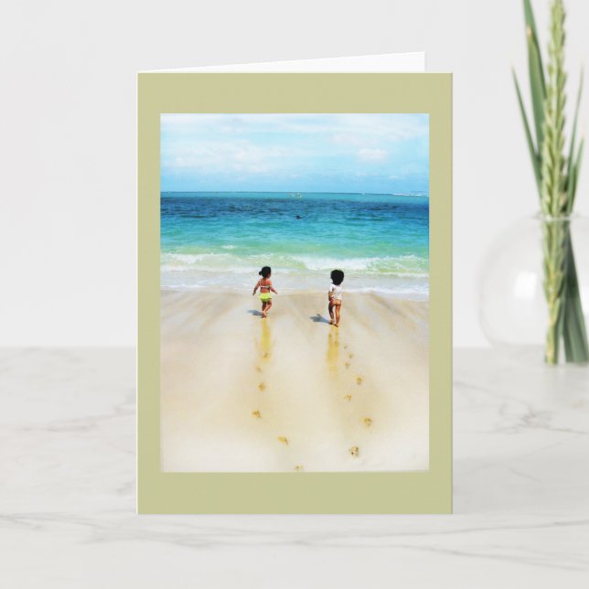Beach babies in sand run to ocean card (Front)