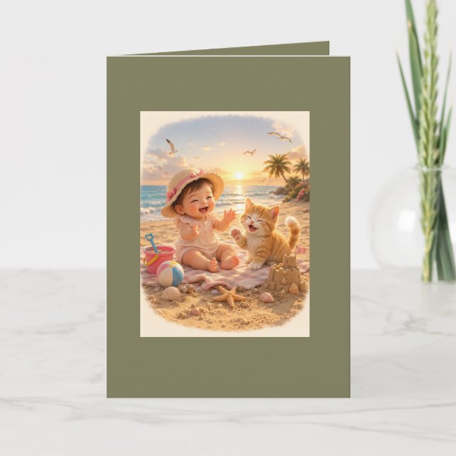 Beach Baby and Kitten Sandcastle Joy Card (Front)