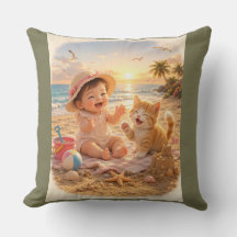 Beach Baby and Kitten Sandcastle Joy
