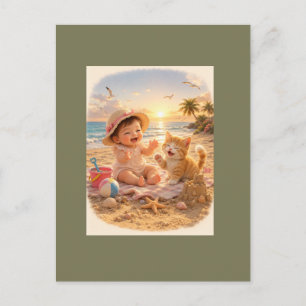 Beach Baby and Kitten Sandcastle Joy Holiday Postcard
