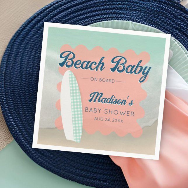 Beach Baby on Board Gingham Surfboard Baby Shower Napkin (Creator Uploaded)