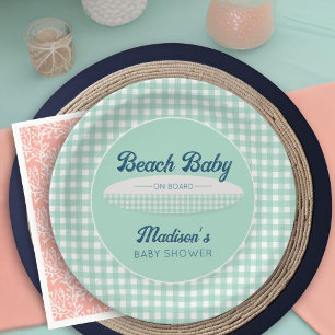 Beach Baby on Board Navy Mint Gingham Baby Shower Paper Plate