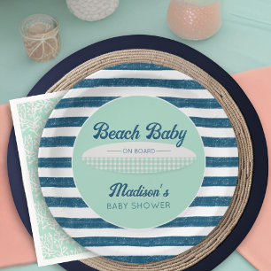 Beach Baby on Board Navy Stripes Mint Baby Shower Paper Plate