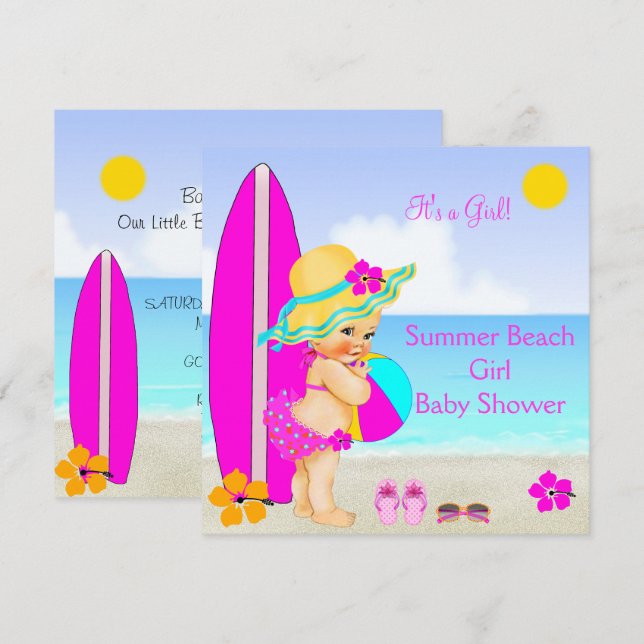 Beach Baby Shower Girl Pink Teal Blue Sunhat Invitation (Front/Back)