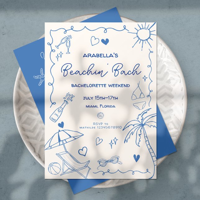 Beach Bachelorette | Blue | Whimsical Hand-Drawn  Invitation (Beach Bachelorette invitation in blue and white with beach doodles, hand written font & itinerary.
)