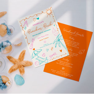 Beach Bachelorette Itinerary, Fun, Orange Doodle Invitation