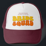 Beach Bachelorette Party Bride Squad Bridesmaid Trucker Hat<br><div class="desc">Make a splash at your upcoming bachelorette party with this stunning retro bachelorette party personalised merchandise. Whether you're celebrating a bach trip, a girls' vacation, or a best friends' holiday, this custom groovy bachelorette party merchandise is the perfect addition to your unforgettable getaway. Add a personal touch to your bachelorette...</div>