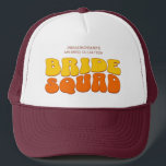 Beach Bachelorette Party Bride Squad Bridesmaid Trucker Hat<br><div class="desc">Make a splash at your upcoming bachelorette party with this stunning retro bachelorette party personalised merchandise. Whether you're celebrating a bach trip, a girls' vacation, or a best friends' holiday, this custom groovy bachelorette party merchandise is the perfect addition to your unforgettable getaway. Add a personal touch to your bachelorette...</div>