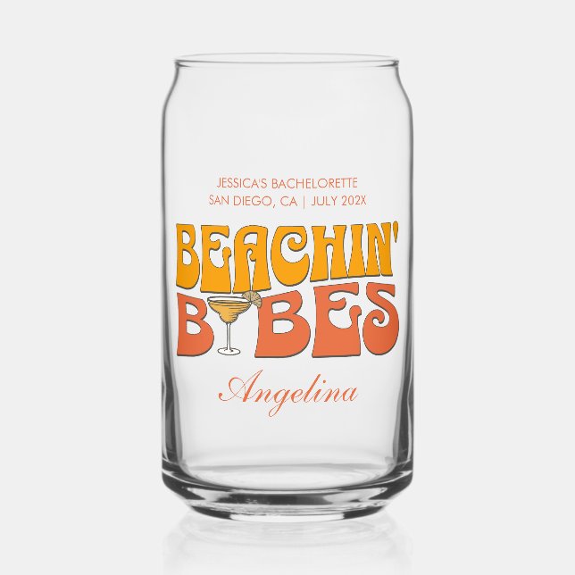 Beach Bachelorette Party Groovy Beachin Babes Can Glass (Front)