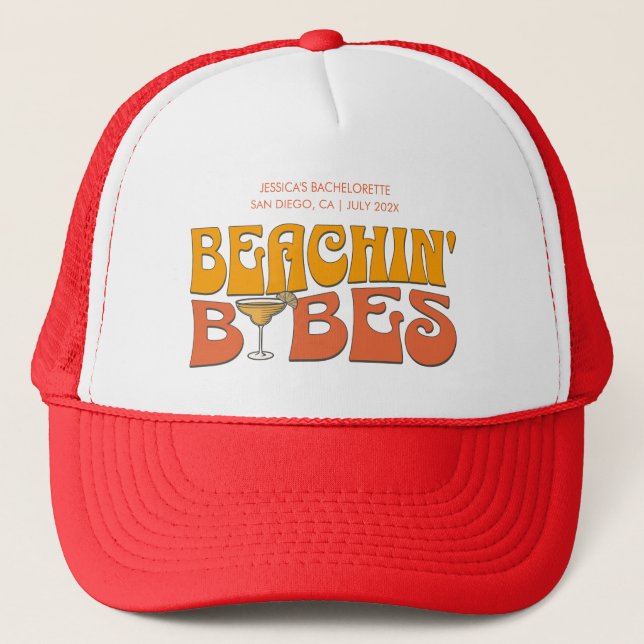 Beach Bachelorette Party Groovy Beachin Babes Trucker Hat (Front)