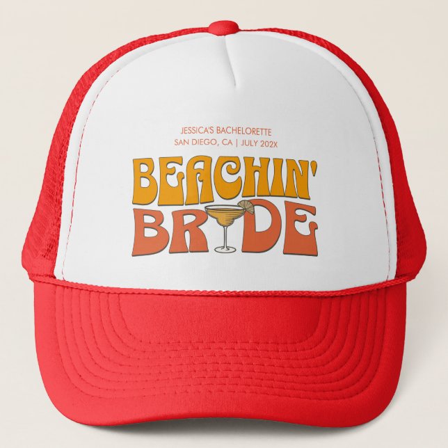 Beach Bachelorette Party Groovy Beachin Babes Trucker Hat (Front)