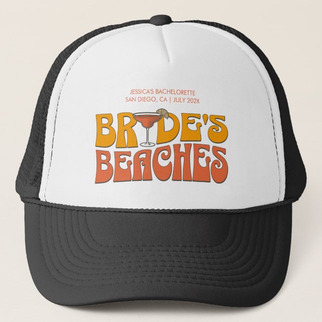 Beach Bachelorette Party Groovy Bride's Beaches Trucker Hat (Front)