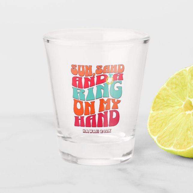 Beach Bachelorette Party Groovy Sun Sand Ring Shot Glass (Front)