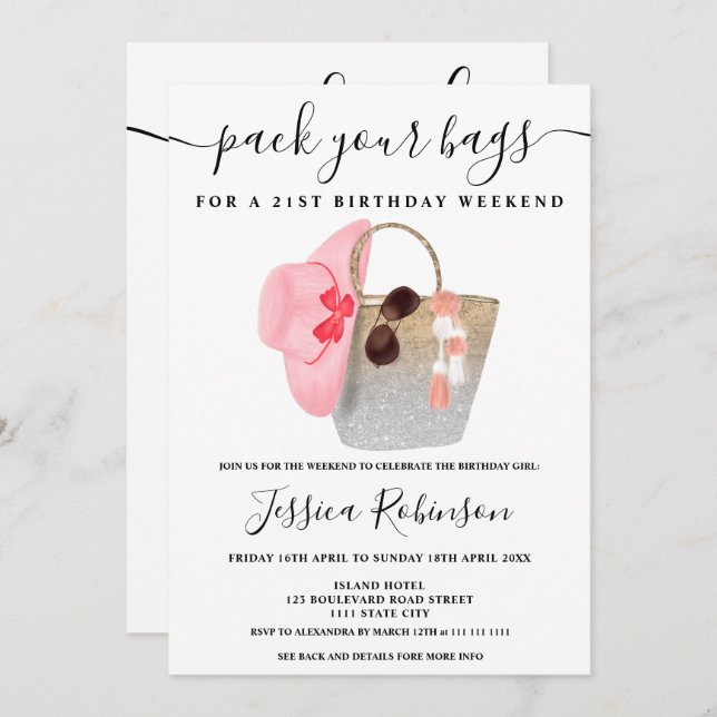 Beach bag birthday silver glitter program weekend invitation (Front/Back)